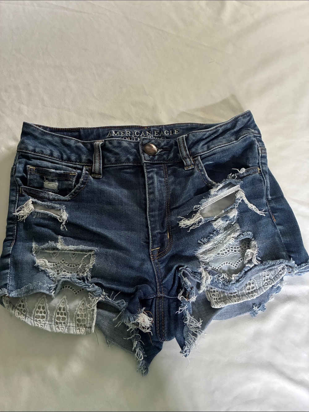 American Eagle Outfitters Dark Blue Distressed Lace-Panel Denim Shorts